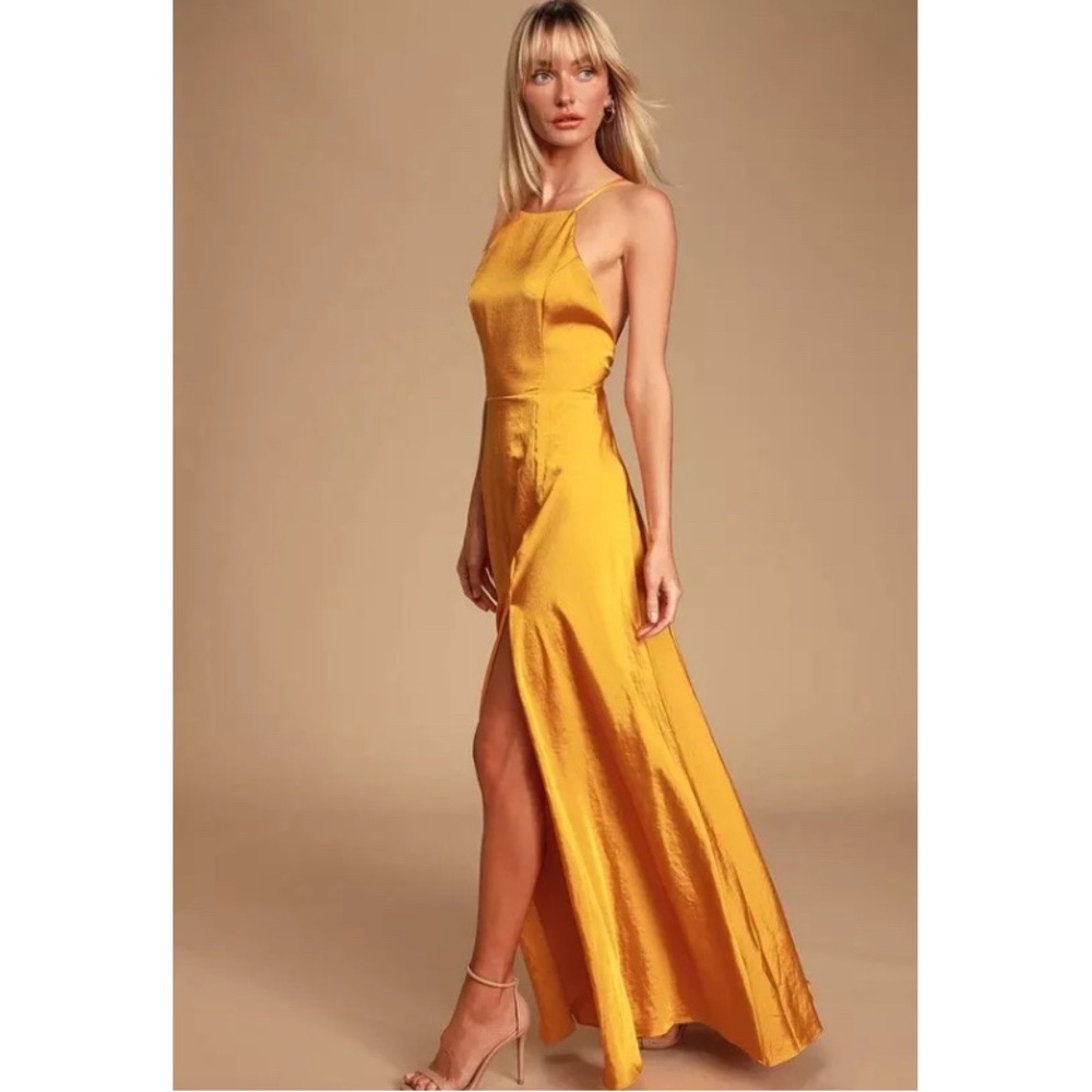 Lulu’s Golden Yellow Satin Backless Maxi Dress